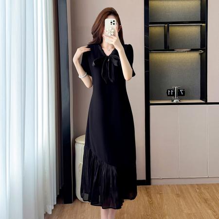 BY17729# 微胖蝴蝶结网纱拼接连衣裙女夏短袖中长款裙子 服裝批發女裝批發服飾貨源