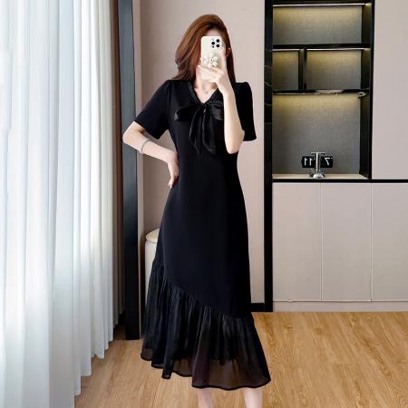 BY17729# 微胖蝴蝶结网纱拼接连衣裙女夏短袖中长款裙子 服裝批發女裝批發服飾貨源