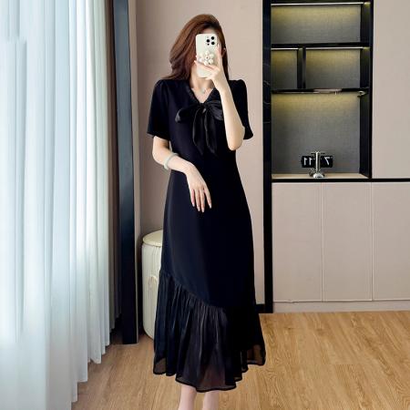 BY17729# 微胖蝴蝶结网纱拼接连衣裙女夏短袖中长款裙子 服裝批發女裝批發服飾貨源