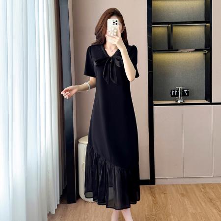 BY17729# 微胖蝴蝶结网纱拼接连衣裙女夏短袖中长款裙子 服裝批發女裝批發服飾貨源