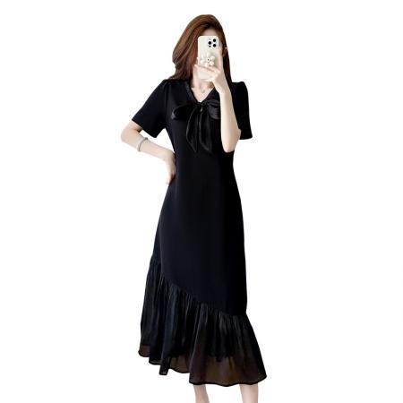 BY17729# 微胖蝴蝶结网纱拼接连衣裙女夏短袖中长款裙子 服裝批發女裝批發服飾貨源