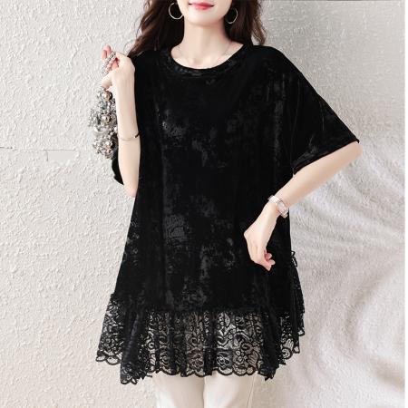 夏装新款时尚百搭胖MM洋气小衫气质显瘦蕾丝下摆减龄上衣 服裝批發女裝批發服飾貨源