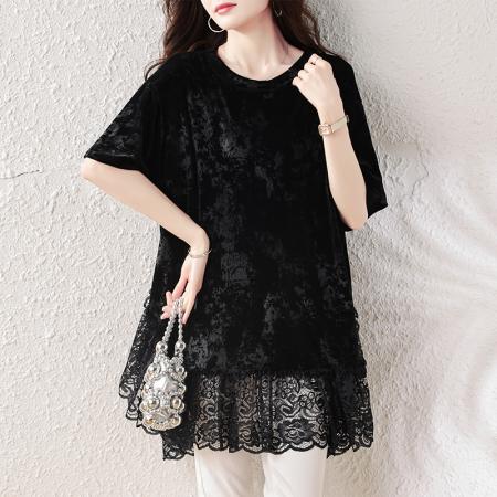 夏装新款时尚百搭胖MM洋气小衫气质显瘦蕾丝下摆减龄上衣 服裝批發女裝批發服飾貨源