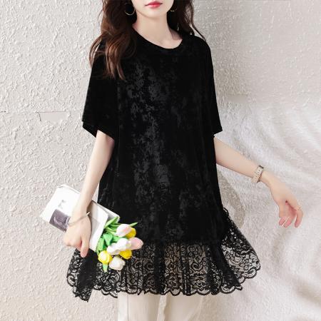 夏装新款时尚百搭胖MM洋气小衫气质显瘦蕾丝下摆减龄上衣 服裝批發女裝批發服飾貨源