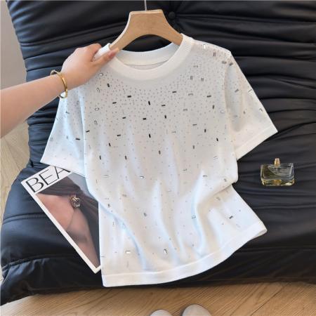 新款夏季白色重工烫钻短袖t恤洋气圆领上衣女 服裝批發女裝批發服飾貨源