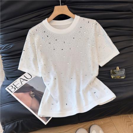 新款夏季白色重工烫钻短袖t恤洋气圆领上衣女 服裝批發女裝批發服飾貨源