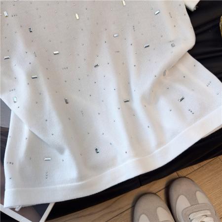 新款夏季白色重工烫钻短袖t恤洋气圆领上衣女 服裝批發女裝批發服飾貨源