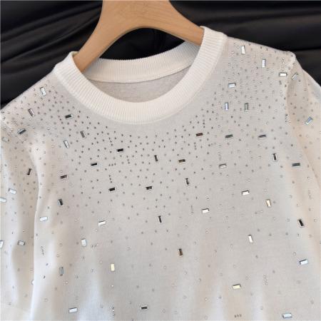 新款夏季白色重工烫钻短袖t恤洋气圆领上衣女 服裝批發女裝批發服飾貨源