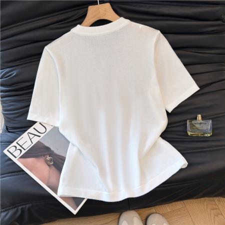 新款夏季白色重工烫钻短袖t恤洋气圆领上衣女 服裝批發女裝批發服飾貨源