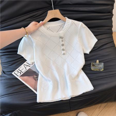 镂空针织短袖T恤女夏装新款小个子精致短款泡泡袖上衣 服裝批發女裝批發服飾貨源