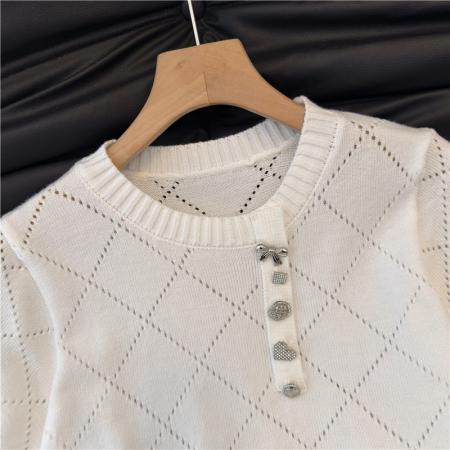 镂空针织短袖T恤女夏装新款小个子精致短款泡泡袖上衣 服裝批發女裝批發服飾貨源