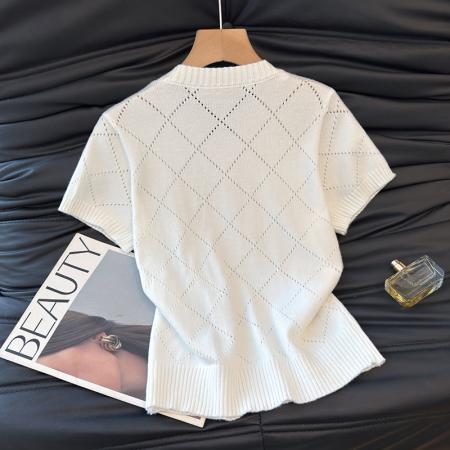 镂空针织短袖T恤女夏装新款小个子精致短款泡泡袖上衣 服裝批發女裝批發服飾貨源