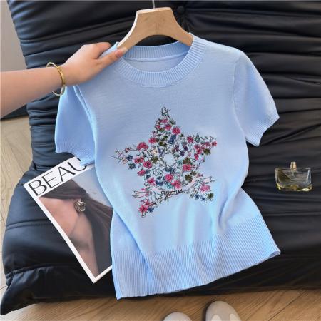 韩版休闲五角星花朵刺绣短袖针织衫女春季圆领高级感百搭上衣 服裝批發女裝批發服飾貨源
