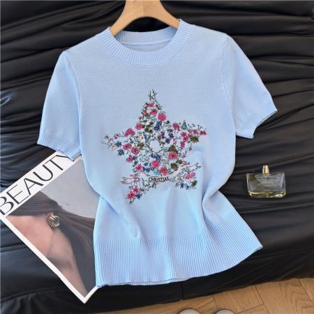 韩版休闲五角星花朵刺绣短袖针织衫女春季圆领高级感百搭上衣 服裝批發女裝批發服飾貨源