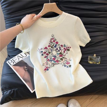 韩版休闲五角星花朵刺绣短袖针织衫女春季圆领高级感百搭上衣 服裝批發女裝批發服飾貨源