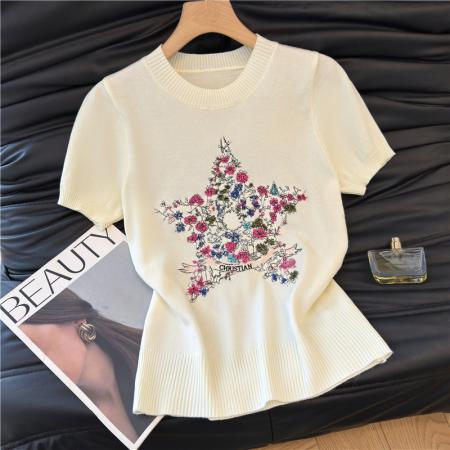 韩版休闲五角星花朵刺绣短袖针织衫女春季圆领高级感百搭上衣 服裝批發女裝批發服飾貨源