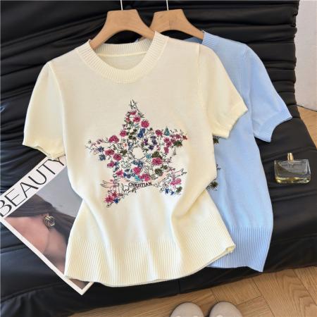 韩版休闲五角星花朵刺绣短袖针织衫女春季圆领高级感百搭上衣 服裝批發女裝批發服飾貨源