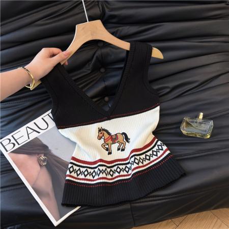 小马刺绣针织吊带背心女外穿夏季美式复古无袖抹胸上衣绝美 服裝批發女裝批發服飾貨源