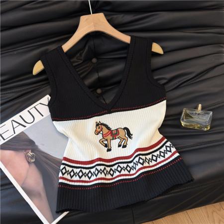 小马刺绣针织吊带背心女外穿夏季美式复古无袖抹胸上衣绝美 服裝批發女裝批發服飾貨源