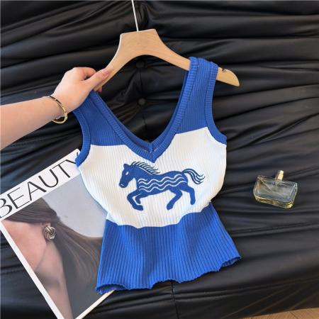 小马刺绣针织吊带背心女外穿夏季美式复古无袖抹胸上衣绝美 服裝批發女裝批發服飾貨源