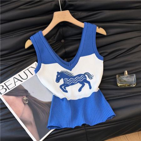 小马刺绣针织吊带背心女外穿夏季美式复古无袖抹胸上衣绝美 服裝批發女裝批發服飾貨源