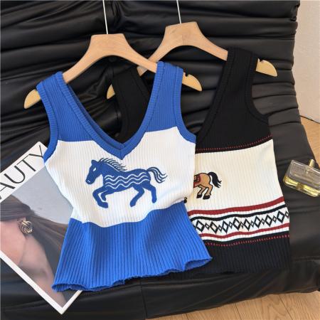 小马刺绣针织吊带背心女外穿夏季美式复古无袖抹胸上衣绝美 服裝批發女裝批發服飾貨源