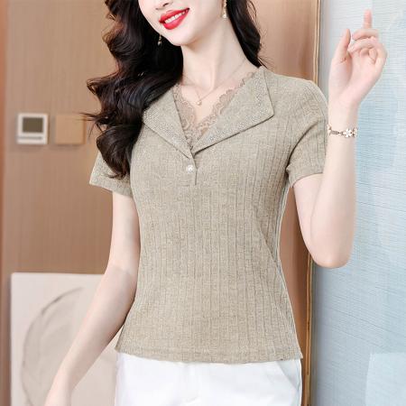 纯色翻领蕾丝短袖春夏新款时尚洋气设计感I简约百搭显瘦女士衬衫 服裝批發女裝批發服飾貨源