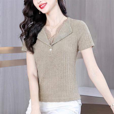 纯色翻领蕾丝短袖春夏新款时尚洋气设计感I简约百搭显瘦女士衬衫 服裝批發女裝批發服飾貨源