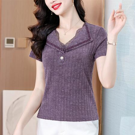 纯色翻领蕾丝短袖春夏新款时尚洋气设计感I简约百搭显瘦女士衬衫 服裝批發女裝批發服飾貨源