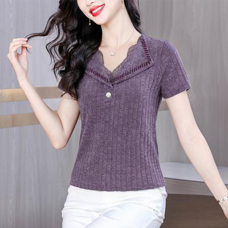 纯色翻领蕾丝短袖春夏新款时尚洋气设计感I简约百搭显瘦女士衬衫 服裝批發女裝批發服飾貨源