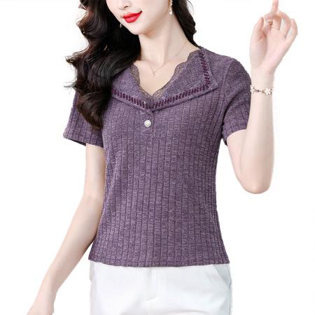 纯色翻领蕾丝短袖春夏新款时尚洋气设计感I简约百搭显瘦女士衬衫 服裝批發女裝批發服飾貨源