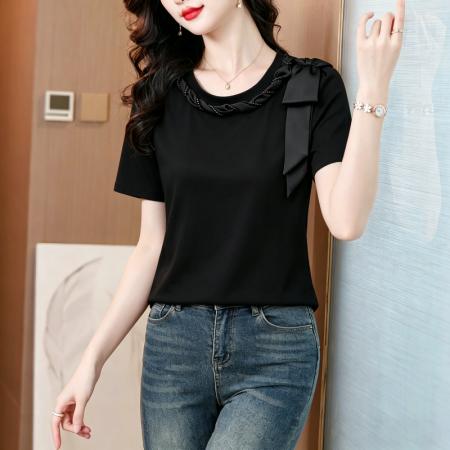 夏季新款时尚钉珠圆领泡泡袖T恤女修身百搭ins上衣小衫 服裝批發女裝批發服飾貨源