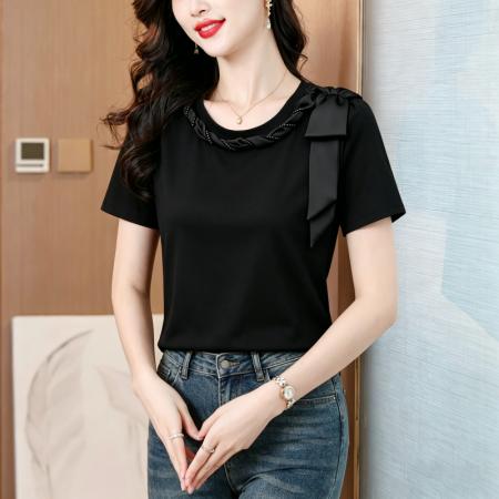 夏季新款时尚钉珠圆领泡泡袖T恤女修身百搭ins上衣小衫 服裝批發女裝批發服飾貨源