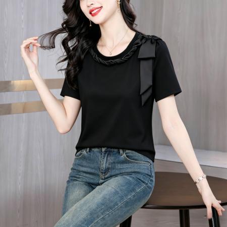 夏季新款时尚钉珠圆领泡泡袖T恤女修身百搭ins上衣小衫 服裝批發女裝批發服飾貨源