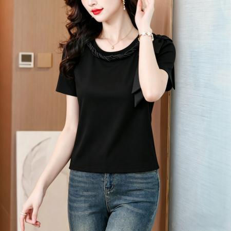 夏季新款时尚钉珠圆领泡泡袖T恤女修身百搭ins上衣小衫 服裝批發女裝批發服飾貨源