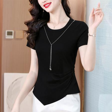 设计感不对称短袖T恤女夏季新款收腰显瘦气质上衣纯色体恤潮 服裝批發女裝批發服飾貨源
