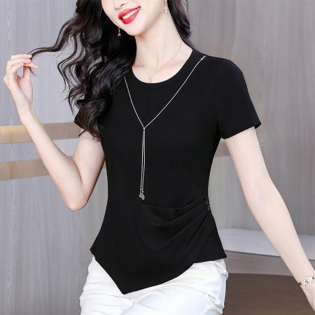 设计感不对称短袖T恤女夏季新款收腰显瘦气质上衣纯色体恤潮 服裝批發女裝批發服飾貨源