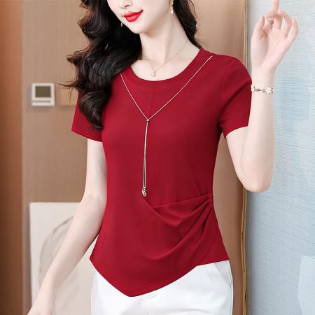 设计感不对称短袖T恤女夏季新款收腰显瘦气质上衣纯色体恤潮 服裝批發女裝批發服飾貨源