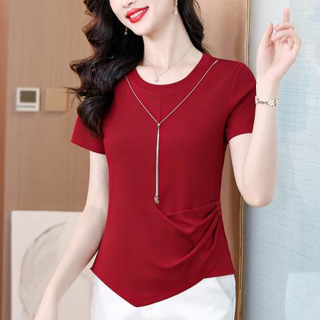 设计感不对称短袖T恤女夏季新款收腰显瘦气质上衣纯色体恤潮 服裝批發女裝批發服飾貨源