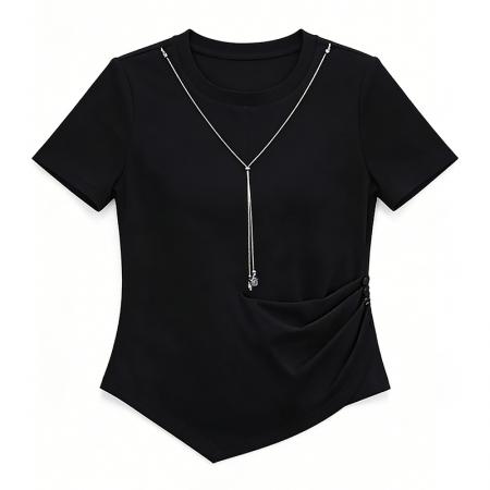 设计感不对称短袖T恤女夏季新款收腰显瘦气质上衣纯色体恤潮 服裝批發女裝批發服飾貨源