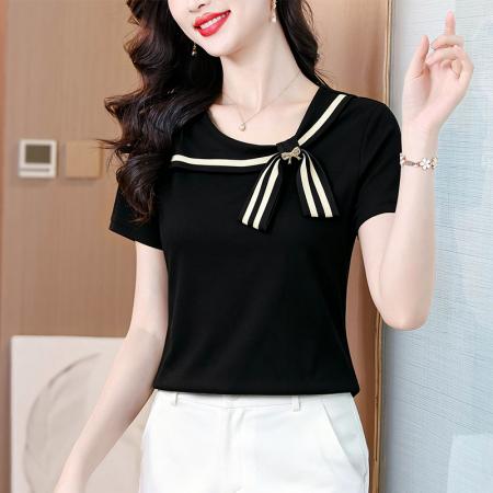 时尚装绑带蝴蝶结短袖T恤衫夏装新款洋气减龄小衫上衣 服裝批發女裝批發服飾貨源
