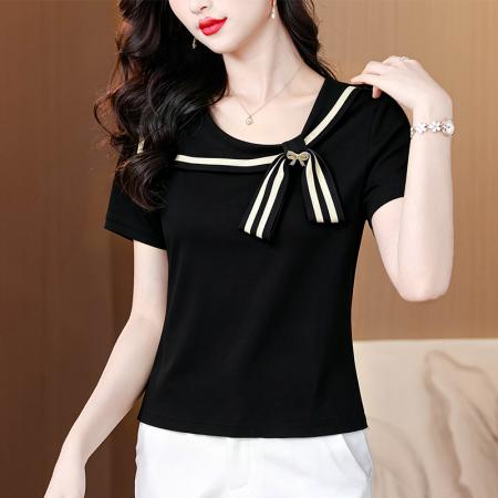 时尚装绑带蝴蝶结短袖T恤衫夏装新款洋气减龄小衫上衣 服裝批發女裝批發服飾貨源