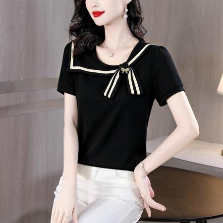 时尚装绑带蝴蝶结短袖T恤衫夏装新款洋气减龄小衫上衣 服裝批發女裝批發服飾貨源