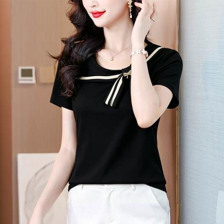 时尚装绑带蝴蝶结短袖T恤衫夏装新款洋气减龄小衫上衣 服裝批發女裝批發服飾貨源