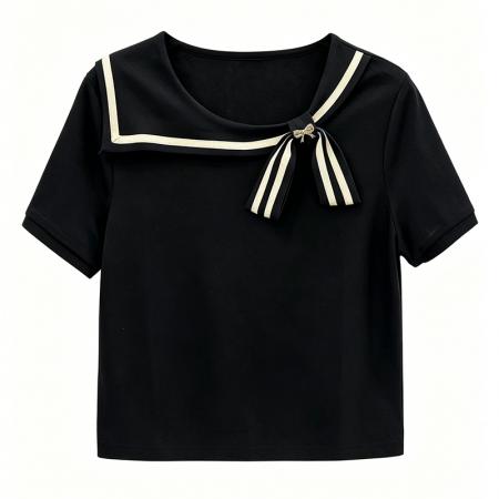 时尚装绑带蝴蝶结短袖T恤衫夏装新款洋气减龄小衫上衣 服裝批發女裝批發服飾貨源