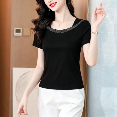 夏季女装方领烫钻短袖T恤装显瘦百搭气质纯色上衣女 服裝批發女裝批發服飾貨源