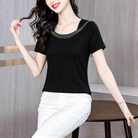 夏季女装方领烫钻短袖T恤装显瘦百搭气质纯色上衣女 服裝批發女裝批發服飾貨源