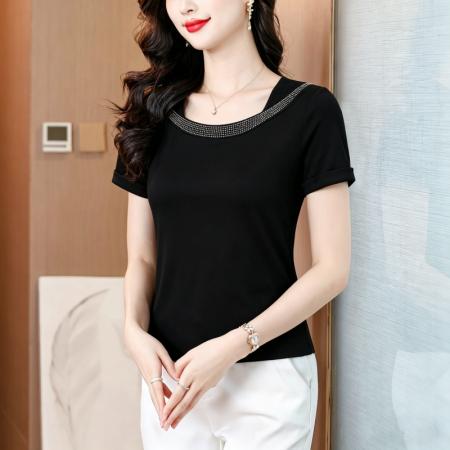 夏季女装方领烫钻短袖T恤装显瘦百搭气质纯色上衣女 服裝批發女裝批發服飾貨源