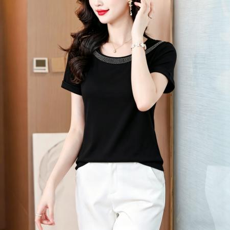 夏季女装方领烫钻短袖T恤装显瘦百搭气质纯色上衣女 服裝批發女裝批發服飾貨源