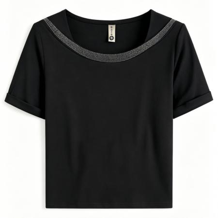 夏季女装方领烫钻短袖T恤装显瘦百搭气质纯色上衣女 服裝批發女裝批發服飾貨源